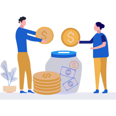 Businesswoman and businessman putting money in a savings jar  Illustration