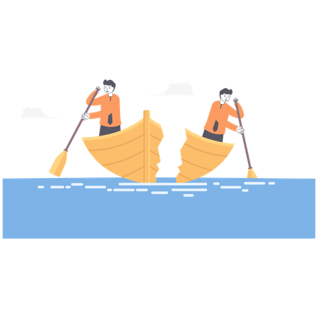 Businesswoman and businessman rowing in different directions and boat broke apart  Illustration