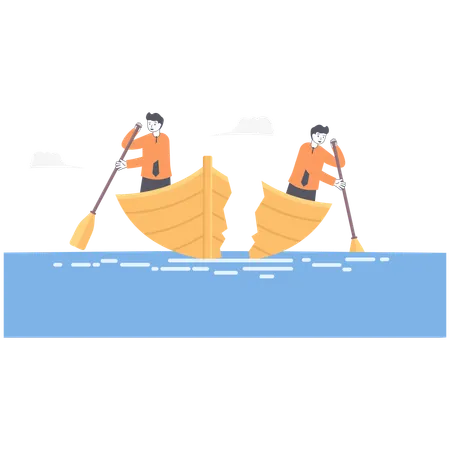 Business Man And Woman Sailing On Boat Together Businesswoman And Businessman Are Rowing In Different Directions And The Boat Broke Apart Business Management Concept Vector Illustration Flat Illustration