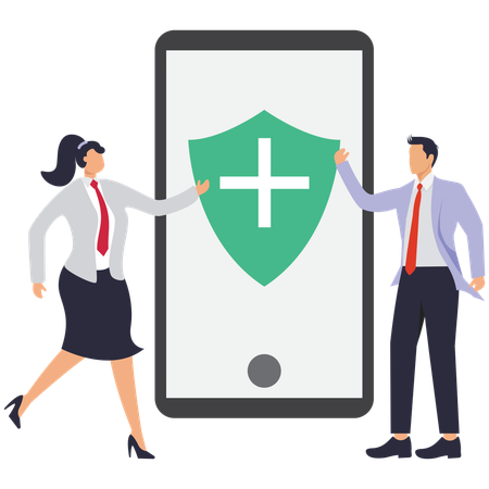 Businesswoman and businessman showing Health care app  Illustration