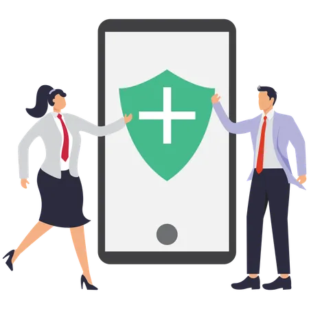 Businesswoman and businessman showing Health care app  Illustration