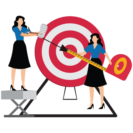 Businesswoman and colleague helping each other to measure distance between arrow and bullseye  Illustration