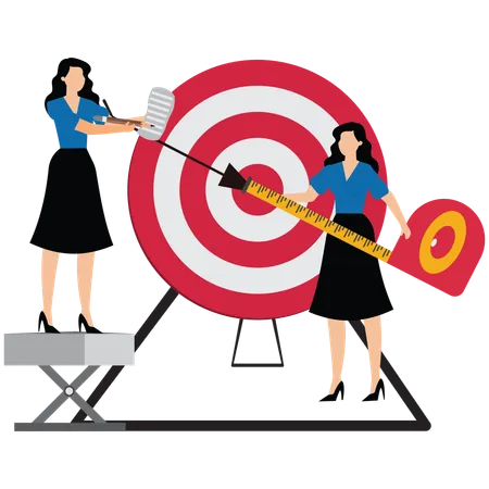 Businesswoman and colleague helping each other to measure distance between arrow and bullseye  Illustration