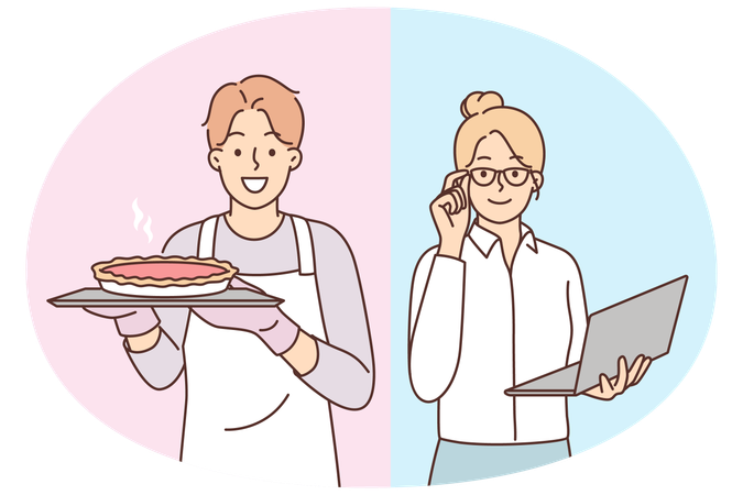 Businesswoman and householder husband symbolize destruction of gender stereotypes  Illustration