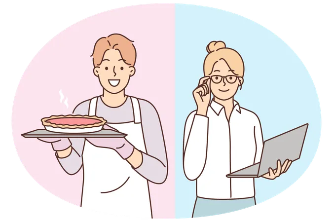 Businesswoman and householder husband symbolize destruction of gender stereotypes  Illustration