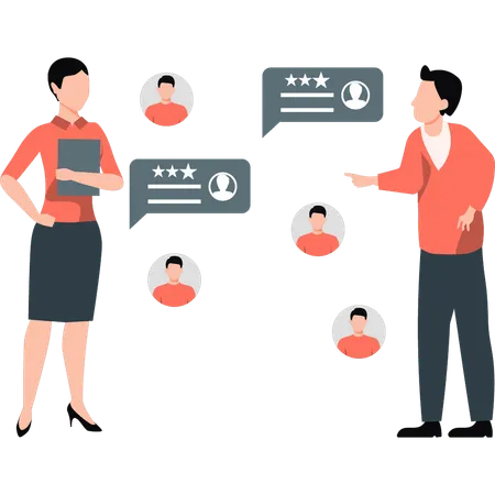 Businesswoman and man talking about star rating profile  Illustration