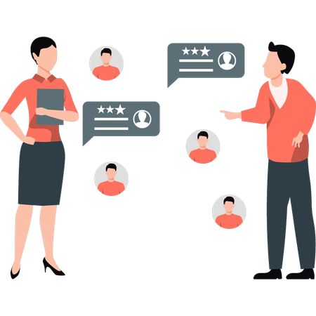 Businesswoman and man talking about star rating profile  Illustration