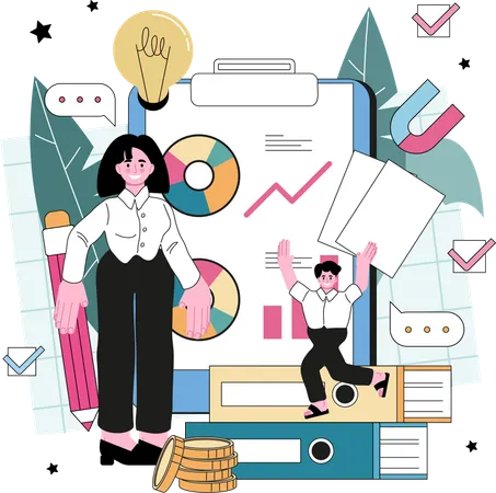 Businesswoman and man working on business analysis  Illustration