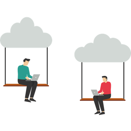 Businesswoman and office worker working with laptop on swing suspended in cloud  Illustration