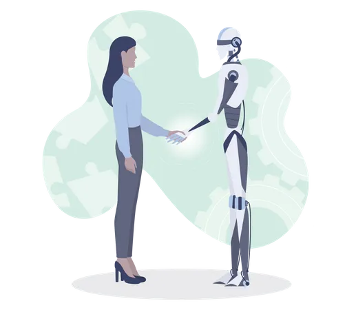 Businesswoman and robot shaking hands Illustration