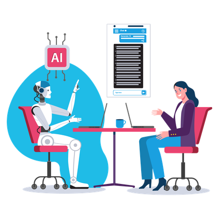 Businesswoman and robot working on ai technology at office  Illustration