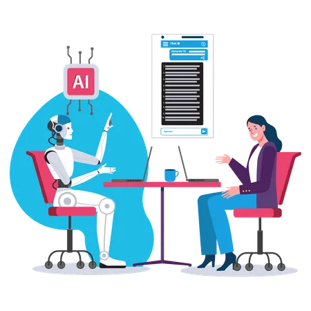 Businesswoman and robot working on ai technology at office  Illustration