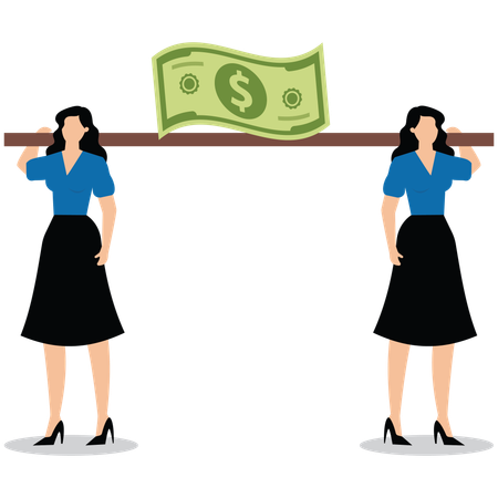 Businesswoman and teammate holding same banknote and walking in opposite direction  Illustration