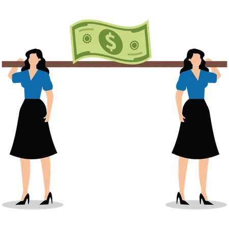 Businesswoman and teammate holding same banknote and walking in opposite direction  Illustration