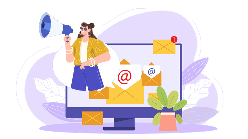 Businesswoman announces business sale through emails  Illustration