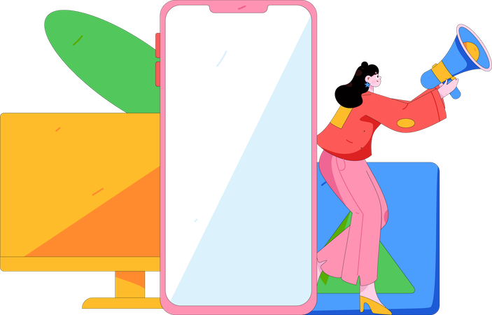 Businesswoman announces mobile shopping advertisements  Illustration