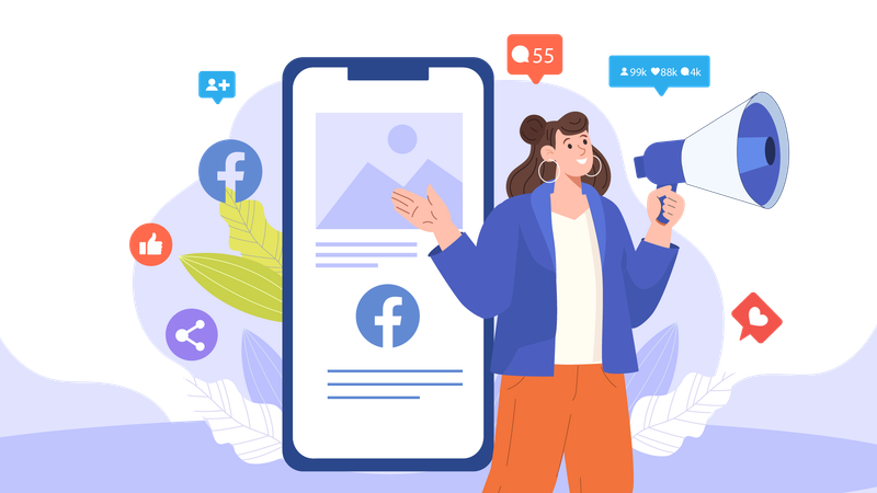 Businesswoman announces product discount on Facebook  Illustration