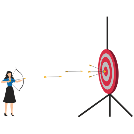 Businesswoman archery precision with every shot hitting the bull eye  Illustration