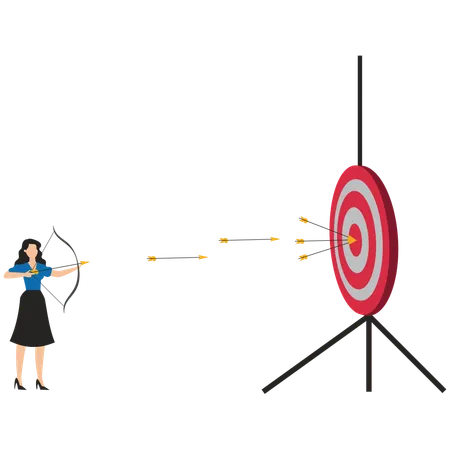 Businesswoman archery precision with every shot hitting the bull eye  Illustration