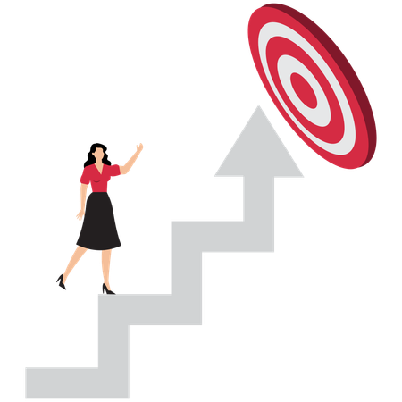 Businesswoman archery run on stair case arrow to reach goal  Illustration