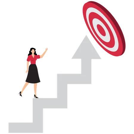 Businesswoman archery run on stair case arrow to reach goal  Illustration