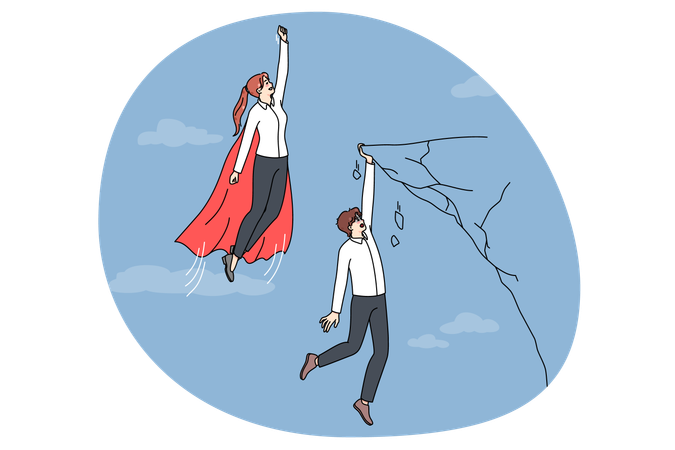 Businesswoman as superhero leave behind male colleague  Illustration