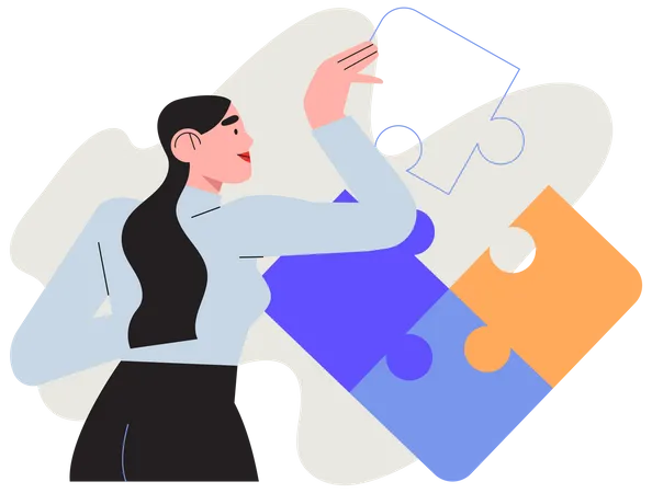 Businesswoman Assembling Together Jigsaw Puzzle Pieces Concept Of Brainstorming Project Planning And And Business Process Work Organisation Management Banner Web Landing Page Business Solution Illustration
