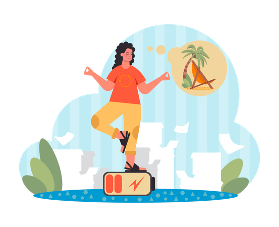 Businesswoman at office thinking about summer holidays on beach  Illustration