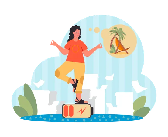 Businesswoman at office thinking about summer holidays on beach  Illustration