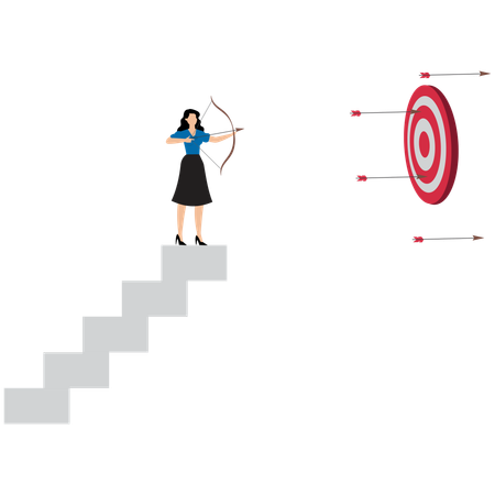 Businesswoman at top of the ladder wants to put an arrow in the target  Illustration