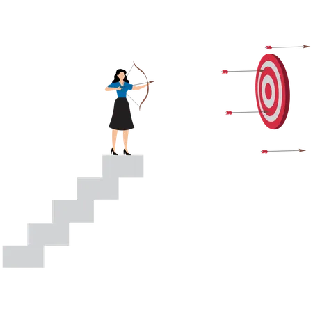 Businesswoman at top of the ladder wants to put an arrow in the target  Illustration