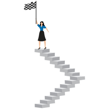 Businesswoman at top of the stairs taking the victory flag  Illustration