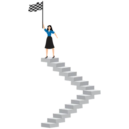 Businesswoman at top of the stairs taking the victory flag  Illustration