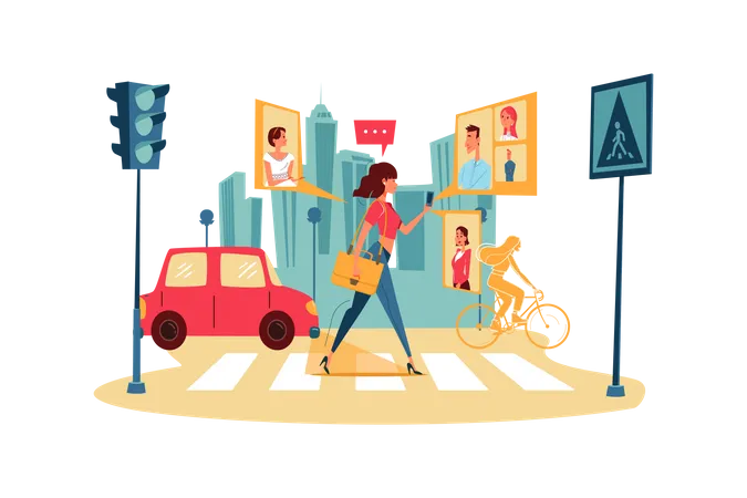 Businesswoman attending online business conference while walking on street  Illustration