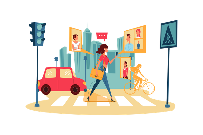 Businesswoman attending online business conference while walking on street  Illustration