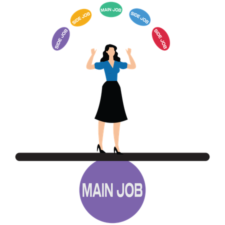 Businesswoman balance and juggling of main job and side job  Illustration