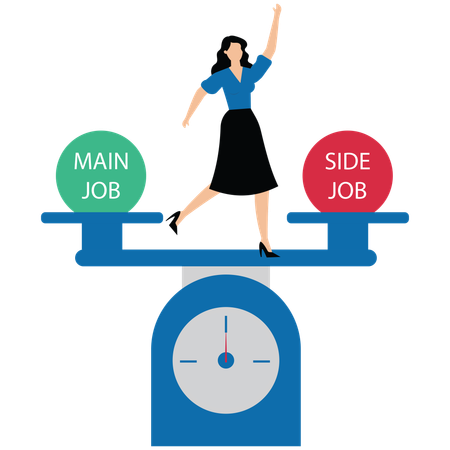 Businesswoman balance of main job and side job on the seesaw business  Illustration