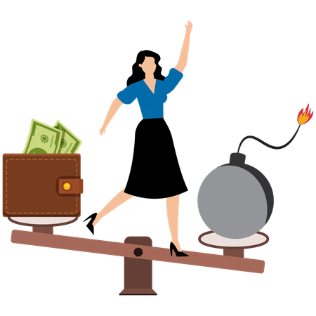 Businesswoman balancing herself on seesaw with debt bomb and money wallet  Illustration