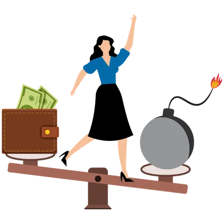 Businesswoman balancing herself on seesaw with debt bomb and money wallet  Illustration