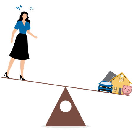 Businesswoman balancing personal finances on seesaw  Illustration