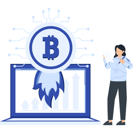Businesswoman boosting bitcoin  Illustration
