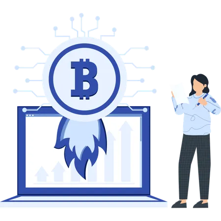 Businesswoman boosting bitcoin  Illustration