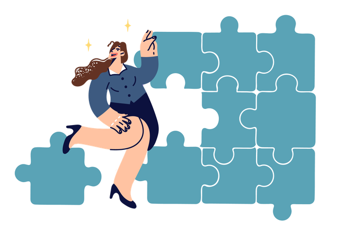 Businesswoman building business structure from puzzle pieces  Illustration