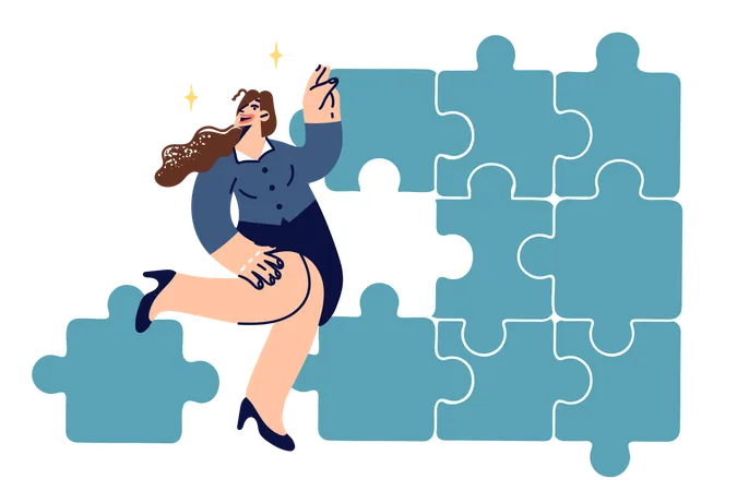 Business Woman Builds Solid Corporate Structure From Puzzle Pieces Demonstrating Excellent Management Skills Lady In Office Clothes Is Creating Business To Achieve Financial Well Being Illustration