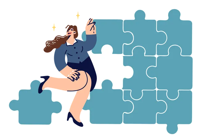 Businesswoman building business structure from puzzle pieces  Illustration