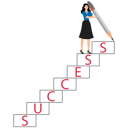 Businesswoman Building Success Stairs with Giant Pencil in Hand  Illustration