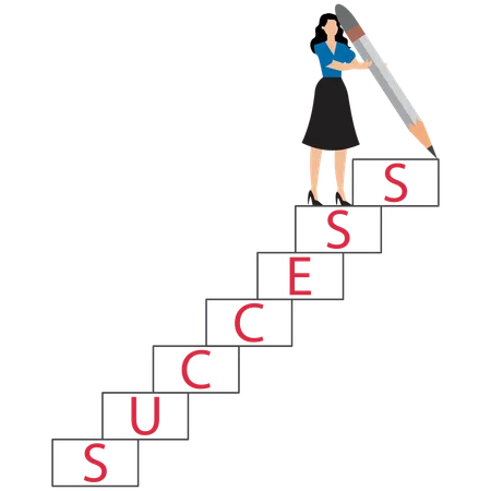 Businesswoman Building Success Stairs with Giant Pencil in Hand  Illustration