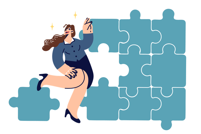 Businesswoman builds solid corporate structure from puzzle pieces  Illustration