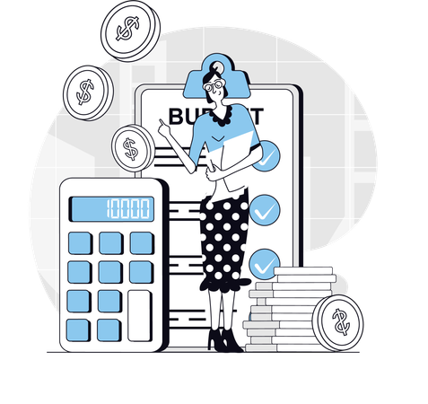 Businesswoman calculates annual budget  Illustration