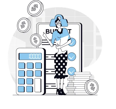 Businesswoman calculates annual budget  Illustration